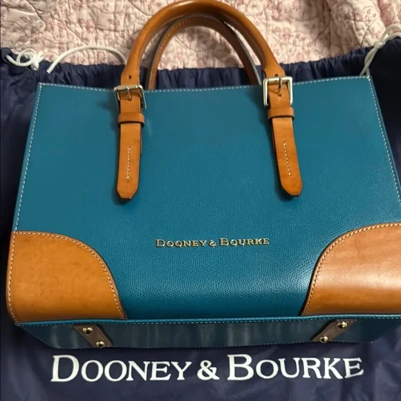 Dooney & Bourke Teal and Tan Leather Tote Bag - Picture 1 of 12